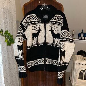 Lost Horizons Medium knit wool full zip sweater deer motif fleece-lined Nepal